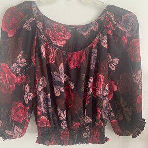 Guess Black Floral Print Long Sleeve Blouse Top Size S